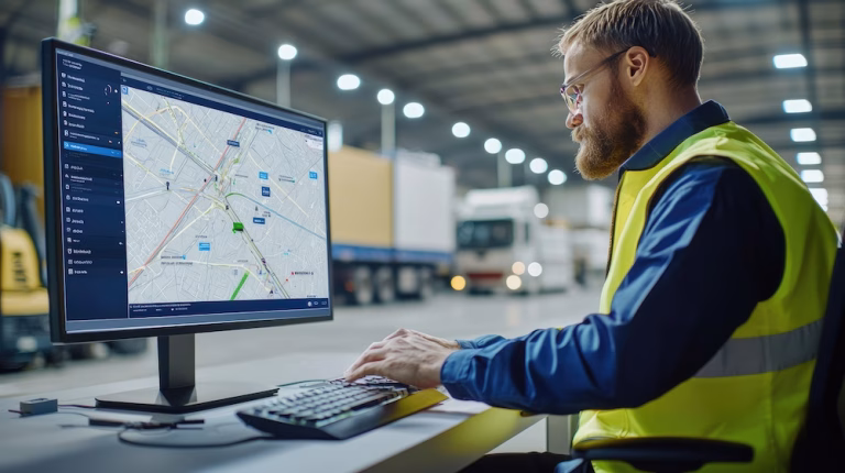 Logistics manager planning delivery route using gps tracking software on computer in warehouse